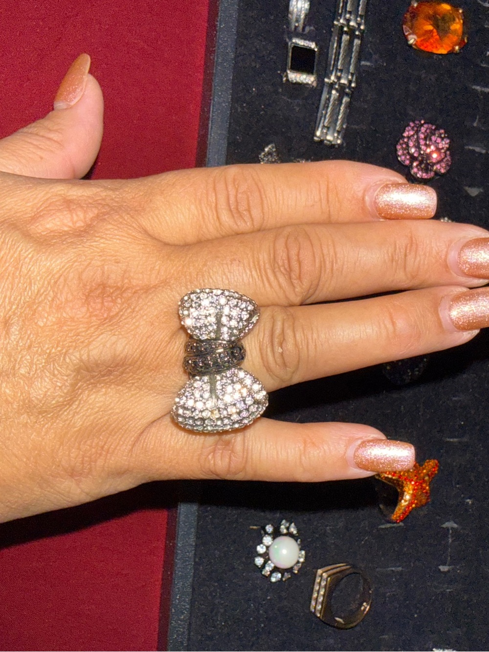 Park Lane Crystal Bow Ring - Silver and Black Accents